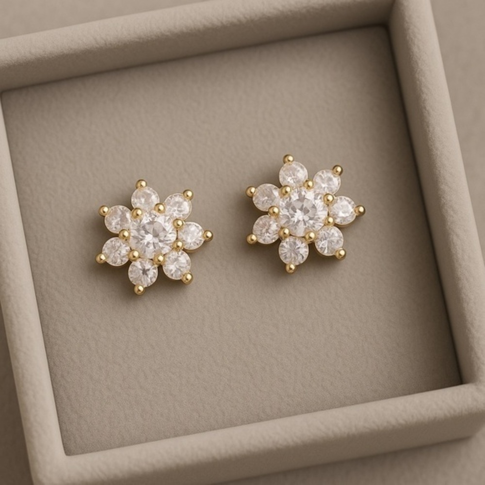 Gold Plated Floral Pattern CZ Post Back Earrings #151